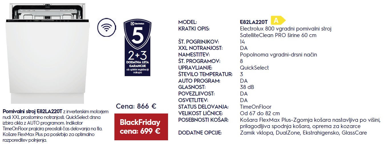 Vgradni pomivalni stroj Electrolux E82LA220T - BlackFriday