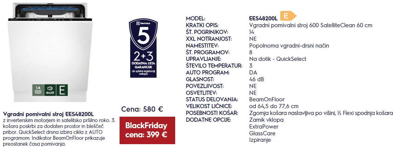 Vgradni pomivalni stroj Electrolux EES48200L - BlackFriday